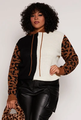 Womens Plus Size Animal Print Sleeve Color Blocked Hoodie, Multi, Size 2X