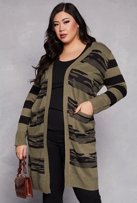 Womens Plus Size Camo Print Open Front Long Cardigan, Green, Size 1X