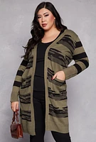 Womens Plus Size Camo Print Open Front Long Cardigan, Green, Size 3X