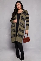 Womens Plus Size Camo Print Open Front Long Cardigan, Green, Size 3X