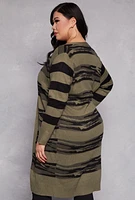 Womens Plus Size Camo Print Open Front Long Cardigan, Green, Size 3X