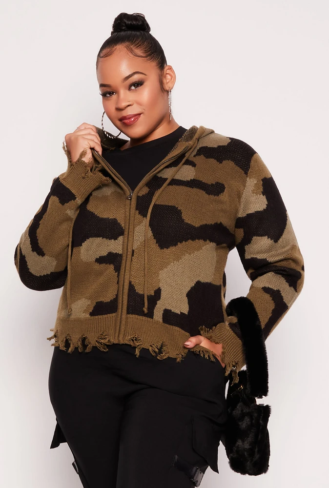 Womens Plus Size Camo Zip Front Hooded Sweater, Green, Size 3X