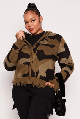 Womens Plus Size Camo Zip Front Hooded Sweater, Green, Size 3X