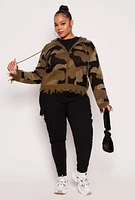 Womens Plus Size Camo Zip Front Hooded Sweater, Green, Size 3X