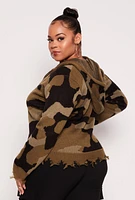 Womens Plus Size Camo Zip Front Hooded Sweater, Green, Size 3X