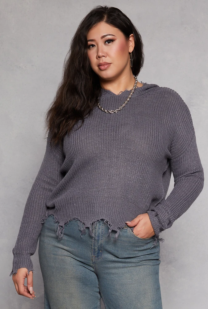 Womens Plus Distressed Pullover Hooded Sweater, 2X