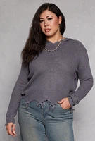 Womens Plus Distressed Pullover Hooded Sweater, 2X