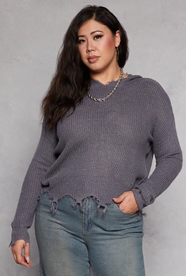 Womens Plus Distressed Pullover Hooded Sweater,