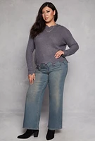 Womens Plus Size Distressed Pullover Hooded Sweater, Grey, Size 3X