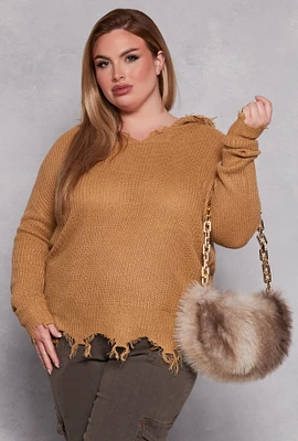 Womens Plus Distressed Pullover Hooded Sweater,