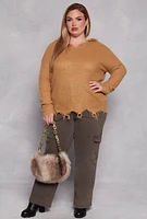 Womens Plus Size Distressed Pullover Hooded Sweater, Brown, Size 3X