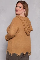 Womens Plus Distressed Pullover Hooded Sweater,