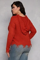 Womens Plus Size Distressed Pullover Hooded Sweater, Orange, Size 2X