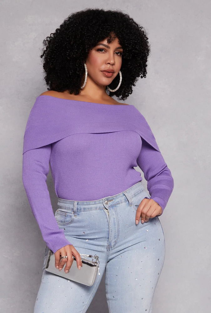 Womens Plus Size Off The Shoulder Sweater, Purple, Size 2X