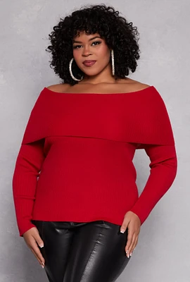 Womens Plus Size Off The Shoulder Sweater, Red, Size 3X