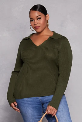 Womens Plus Size Johnny Collar Long Sleeve Sweater, Green, Size 3X