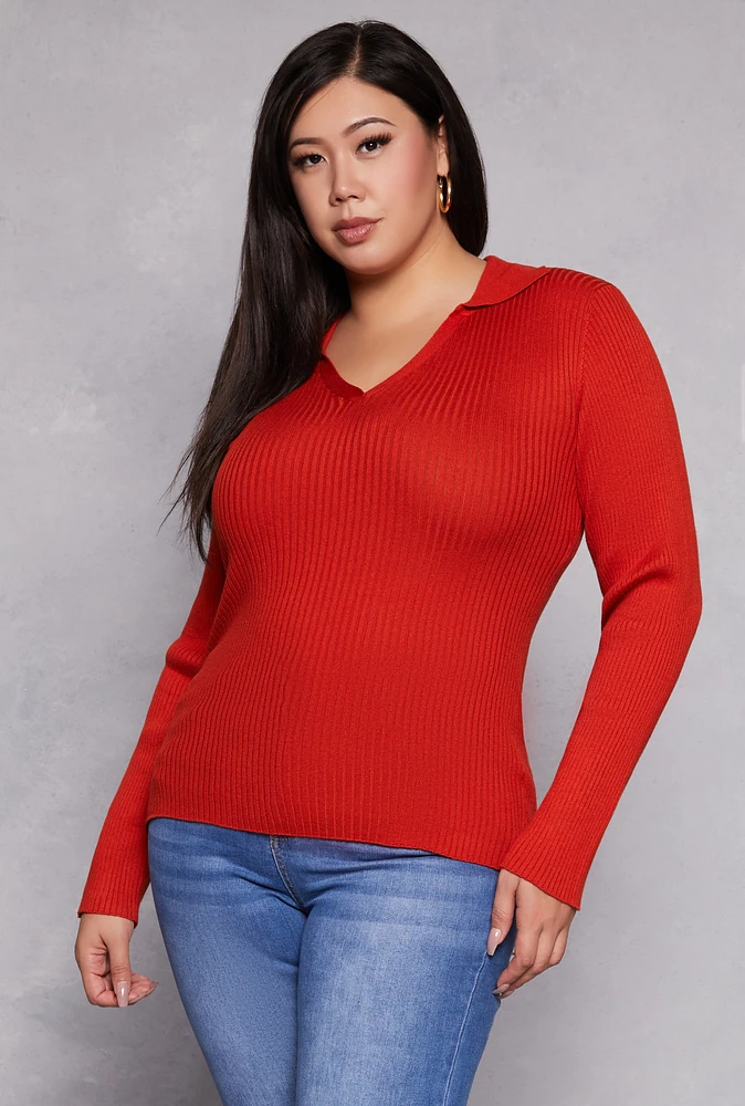 Womens Plus Size Johnny Collar Long Sleeve Sweater, Red, Size 3X