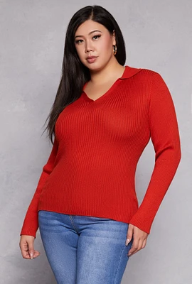 Womens Plus Size Johnny Collar Long Sleeve Sweater, Red, Size 3X