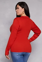 Womens Plus Size Johnny Collar Long Sleeve Sweater, Red, Size 3X