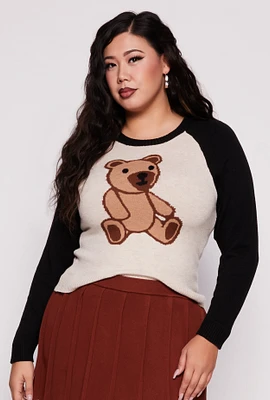 Womens Plus Size Teddy Bear Raglan Sweater, Multi, Size 2X