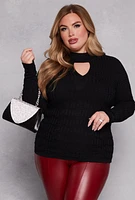 Womens Plus Size Greek Key Mock Neck Keyhole Sweater, Black, Size 1X