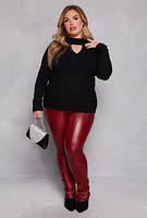 Womens Plus Size Greek Key Mock Neck Keyhole Sweater, Black, Size 1X