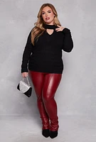 Womens Plus Size Greek Key Mock Neck Keyhole Sweater, Black, Size 1X