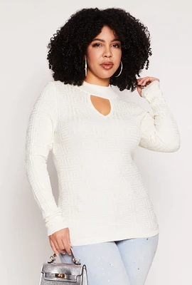 Womens Plus Size Greek Key Mock Neck Keyhole Sweater, White, Size 1X