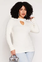 Womens Plus Size Greek Key Mock Neck Keyhole Sweater, White, Size 1X