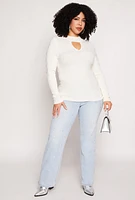 Womens Plus Size Greek Key Mock Neck Keyhole Sweater, White, Size 2X