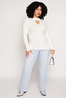 Womens Plus Size Greek Key Mock Neck Keyhole Sweater, White, Size 1X