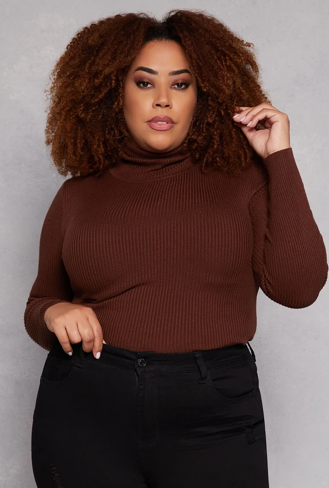 Womens Plus Size Ribbed Long Sleeve Turtleneck Top, Brown, Size 2X