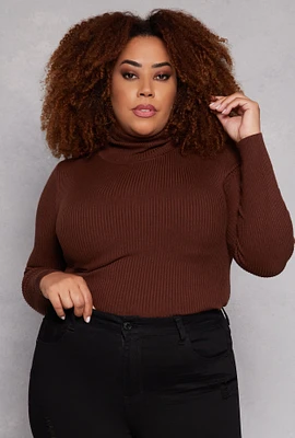 Womens Plus Size Ribbed Long Sleeve Turtleneck Top, Brown, Size 2X