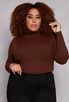 Womens Plus Size Ribbed Long Sleeve Turtleneck Top, Brown, Size 2X