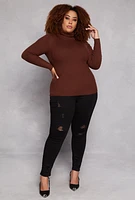 Womens Plus Size Ribbed Long Sleeve Turtleneck Top, Brown, Size 3X
