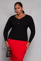 Womens Plus Ribbed Knit Long Sleeve Henley Top,