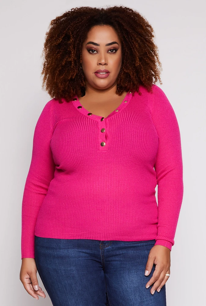 Womens Plus Size Ribbed Knit Long Sleeve Henley Top, Pink, Size 3X