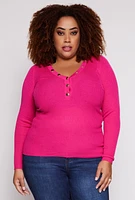 Womens Plus Size Ribbed Knit Long Sleeve Henley Top, Pink, Size 3X