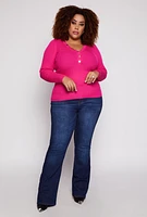 Womens Plus Size Ribbed Knit Long Sleeve Henley Top, Pink, Size 3X