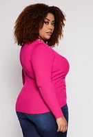 Womens Plus Size Ribbed Knit Long Sleeve Henley Top, Pink, Size 3X
