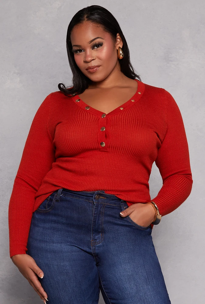 Womens Plus Size Ribbed Knit Long Sleeve Henley Top, Orange, Size 1X