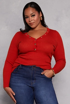 Womens Plus Size Ribbed Knit Long Sleeve Henley Top, Orange, Size 1X