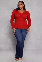 Womens Plus Size Ribbed Knit Long Sleeve Henley Top, Orange, Size 2X