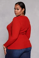 Womens Plus Size Ribbed Knit Long Sleeve Henley Top, Orange, Size 1X