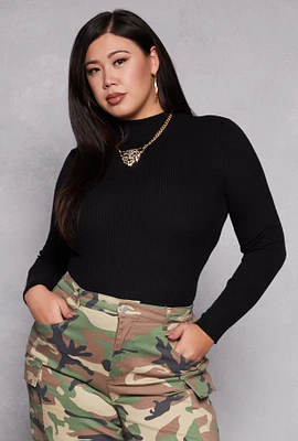 Womens Plus Size Ribbed Mock Neck Top, Black, Size 3X
