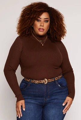 Womens Plus Size Ribbed Mock Neck Top, Brown, Size 1X