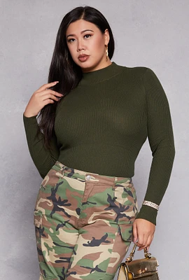 Womens Plus Size Ribbed Mock Neck Top, Green, Size 1X