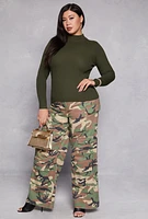 Womens Plus Size Ribbed Mock Neck Top, Green, Size 1X