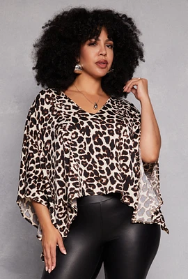 Womens Plus Size Animal Print Batwing Sleeve Top, Brown, Size 1X