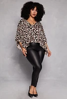 Womens Plus Size Animal Print Batwing Sleeve Top, Brown, Size 1X